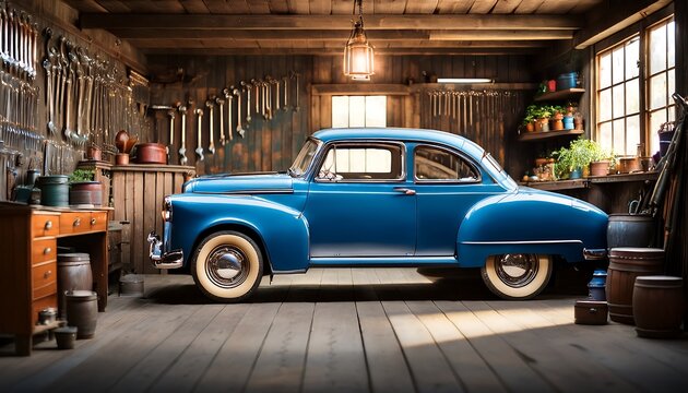 "Classic Blue Coupe in a Rustic Garage with Vintage Tools and Nostalgic Details"