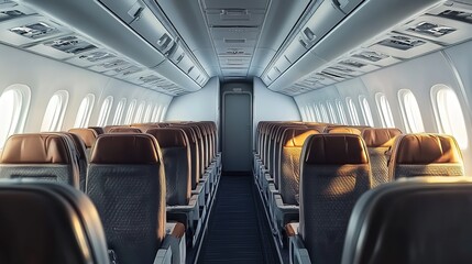 Fototapeta premium Wide shot of an empty airplane cabin with seats and accents, hyper-realistic photography. 