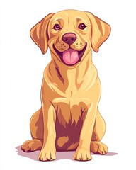 Fototapeta premium Against a white backdrop, a golden labrador puppy is depicted sitting and playfully sticking its tongue out with a cheerful expression