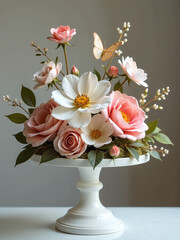 Obraz premium Elegant Pedestal Supports Delicate Flowers And Butterflies In A Beautiful Display Of Seasonal Beauty And Elegance.
