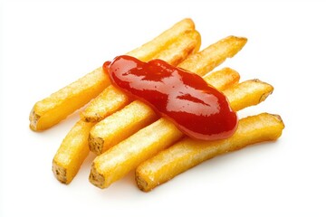 Golden crispy french fries with a generous dollop of red ketchup on a bright white background