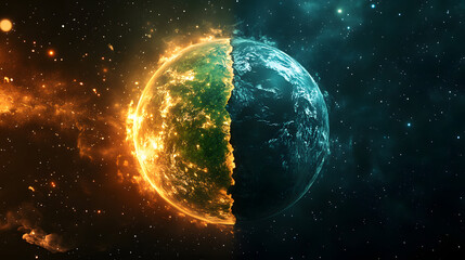 Fototapeta premium The earth is split into two parts, one side is green and fertile, the other side is dry and cracked, in white background