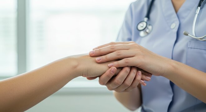 Female nurse comforting patient with compassionate hand gesture in hospital setting