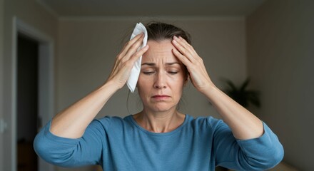 Caucasian mature female experiencing hot flash and headache at home