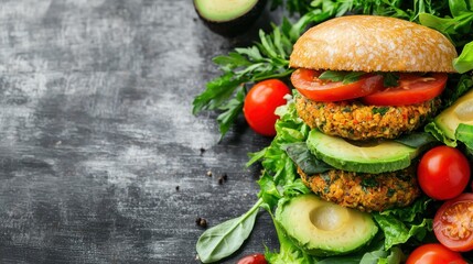 Gourmet vegan burger arrangement featuring fresh vegetables and a rustic textured surface for healthy eating
