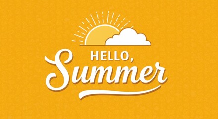 Hello summer greeting with sun and cloud illustration on yellow background