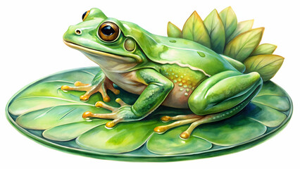 Obraz premium Enchanting Frog on Lily Pad: a vibrant illustration of a charming frog, perched on a detailed lily pad, with a delicate, leafy crest
