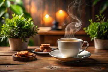 Cozy Coffee Moment – Steaming Cup of Tea with Biscuits in Warm Café Ambiance; Generative Ai