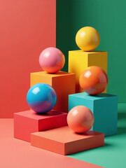 Fototapeta premium Colorful Geometric Shapes Of Smooth And Shiny Spheres Are Illustrated On Stepped Square Platforms Against A Vibrant Red And Green Background.