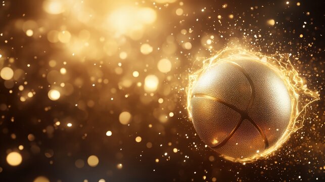 A glowing basketball surrounded by a burst of golden sparkles, evoking energy and excitement in a dynamic sports-themed atmosphere.