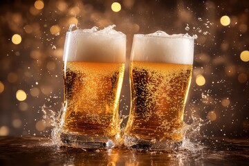 A dynamic shot of beer splashing as two large glasses collide in a festive cheer.