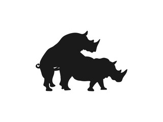 Silhouette of Two Rhinos in Mating Position. Animals in Mating Positions. powerful silhouette of two rhinoceroses engaging in mating. vector on a white background.