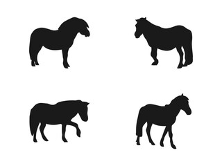 Silhouette of a pony. Pony grazing in the meadow. Vector illustration of a black silhouette of a Shetland pony isolated. Vector illustration isolated on a white background.