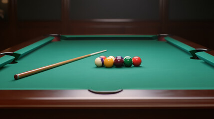 low angle view of pool table featuring set of colorful billiard balls and cue stick, creating inviting atmosphere for game