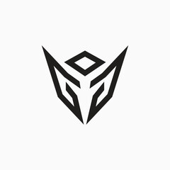 A sleek, angular black emblem resembling a futuristic robotic mask. Its symmetrical, minimalist design makes it perfect for cyber, gaming, or AI branding.