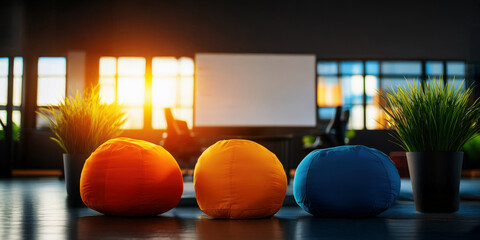 Vibrant Startup Office with Bean Bags and Whiteboards Modern Workspace Creative Environment Bright Viewpoint Inspiring Concept