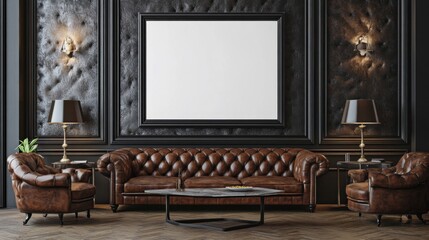 Elegant Brown Leather Living Room Interior with Dark Walls