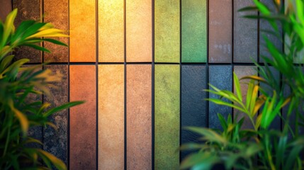 A trade expo display of sustainable building materials, close-up of eco-friendly bricks, bamboo textures under soft lighting focus. 