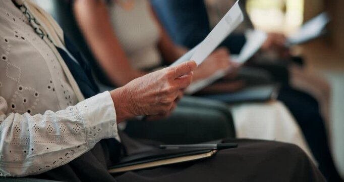 Interview, waiting or business people with resume in queue for hiring, CV info or human resources. Paper, closeup or line for recruitment process, employment documents or job application opportunity