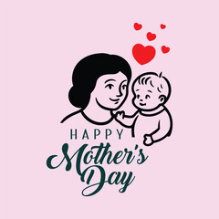 Happy Mother’s Day Vector Heartwarming Mom and Baby Illustration with Love Hearts.