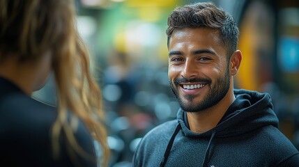 Naklejka premium A young, smiling man in black gym greets the woman at an elliptical machine.