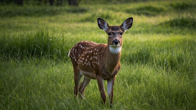 A deer grazing in a field of soft green grass.