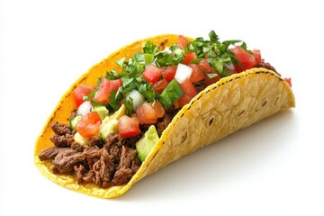 Delicious taco filled with savory beef fresh vegetables and vibrant toppings against white background