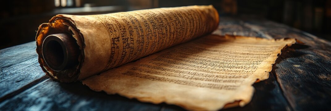 Close-up of an ancient scroll with a biblical story illuminated by sunlight. A rolled-up parchment lies next to it. The background is dark wood. 