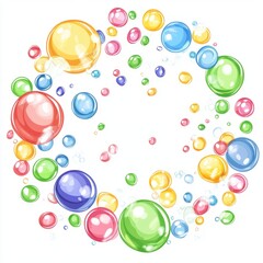 "Circular Frame Composed of Pink, Yellow, and White Bubbles with Clouds &ndash; Playful and Dreamy Design Against Blue Background"