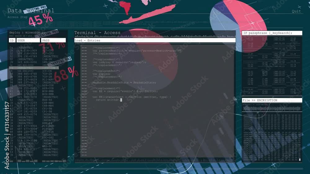 Poster accessing terminal with code, animation over abstract data visualization at school