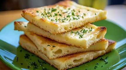 Delicious Stack of Cheesy Italian Flatbread Freshly Baked with Herbs on a Green Plate Culinary Feast