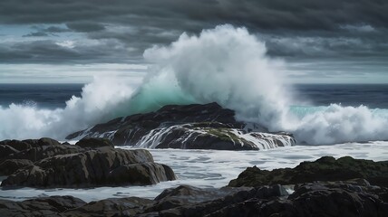 Fototapeta premium Dramatic ocean waves crash against rocks under a stormy sky, powerful seascape.