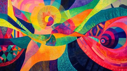 Fototapeta premium Vibrant Abstract Painting with Swirling Shapes, Geometric Patterns, and a Wide Range of Bright Colors.