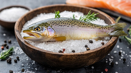 Fresh rainbow trout on bed of kosher salt, garnished with herbs and spices, showcasing vibrant presentation. Perfect for culinary enthusiasts and seafood lovers