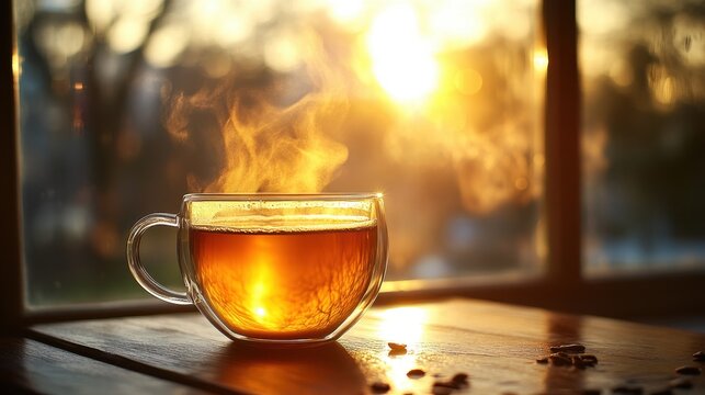 A slender glass, its clear walls reflecting the warm light of a sunny morning, held a rich, dark elixir - a steaming cup of coffee, its aroma promising a stimulating awakening.