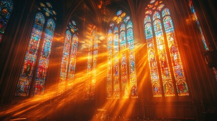 Obraz premium Stained glass windows in a cathedral with sunlight shining through, creating beautiful light effects on the walls and stained glass windows.