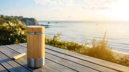 Bamboo tumbler with ocean view sustainable travel mug eco friendly drinkware