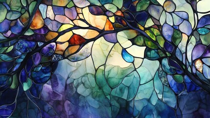 Stylized stained glass botanical composition, floating watercolor tendrils, deep gemstone hues, crisp background. 
