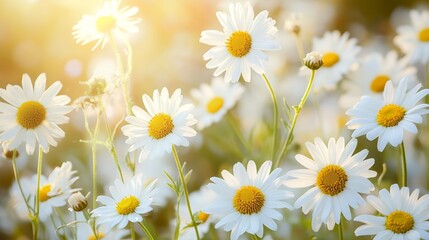 Fototapeta premium Beautiful White Daisies Summer Field Sunlight Bloom day daisy plant image flora macro