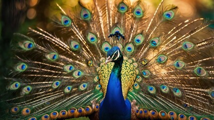 Obraz premium A peacock with its feathers shimmering in the golden spring light.