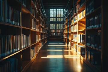 Obraz premium Cozy library interior featuring bookshelves that create a warm, inviting atmosphere for reading and relaxation.