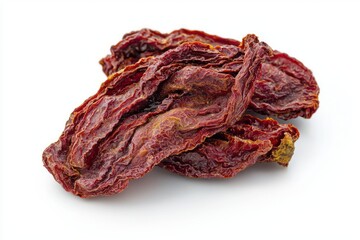 Obraz premium Group of Deep Red Sun Dried Tomatoes Showing Wrinkled Texture on a Clean White Backdrop in Horizontal Angle