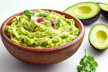Obraz premium Delicious fresh guacamole in rustic bowl with ripe avocado halves offering a vibrant green hue close up shot
