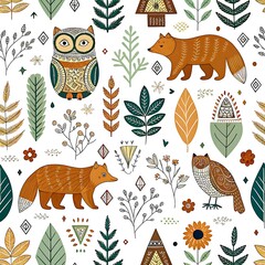 Autumn woodland animals seamless pattern design with owls and foxes art cute boho folk birds style