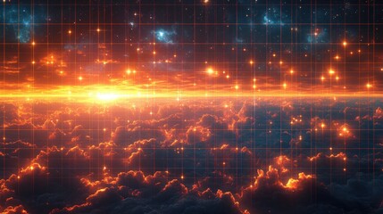 Stunning abstract sunset over fiery cloudscape, overlaid with a grid and glowing stars; ideal for technology, fantasy, or science fiction themes.