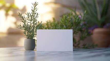 Fototapeta premium Blank White Card Mockup with Green Plants on Table