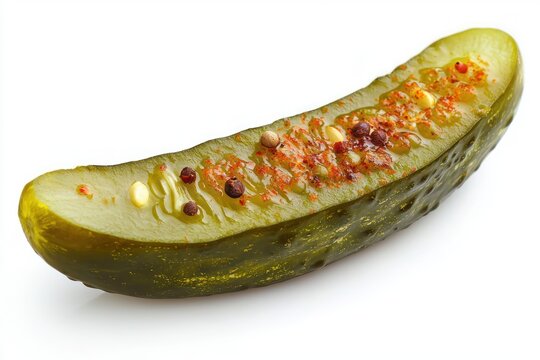 Single seasoned dill pickle spear showcasing vibrant colors and sharp details in close up food shot on white blackground
