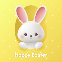 Festive Easter banner template with Cute rabbit on yellow background, Egg window. Happy easter day greeting card, rabbit, social media sale promotion poster, wallpaper. Vector