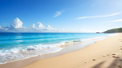 Serene Sandy Beach with Gentle Waves Bright Blue Sky and Golden Sunlight for Relaxation - Bank Holidays