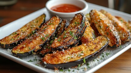 A plate of crispy, golden zucchini fries, adorned with a drizzle of tangy red pepper sauce and a generous sprinkle of parmesan cheese, served alongside a glistening, half-cut eggplant, its tender